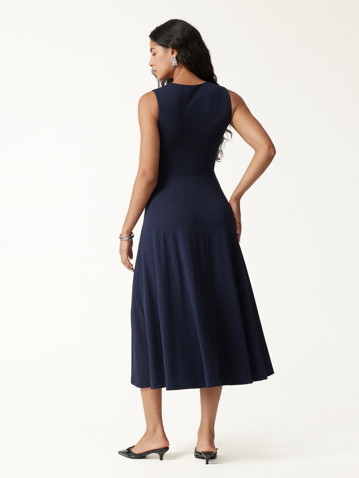 OGLmove Ribbed Collared V-Neck Sleeveless A-Line Midi Bra Dress with Pockets