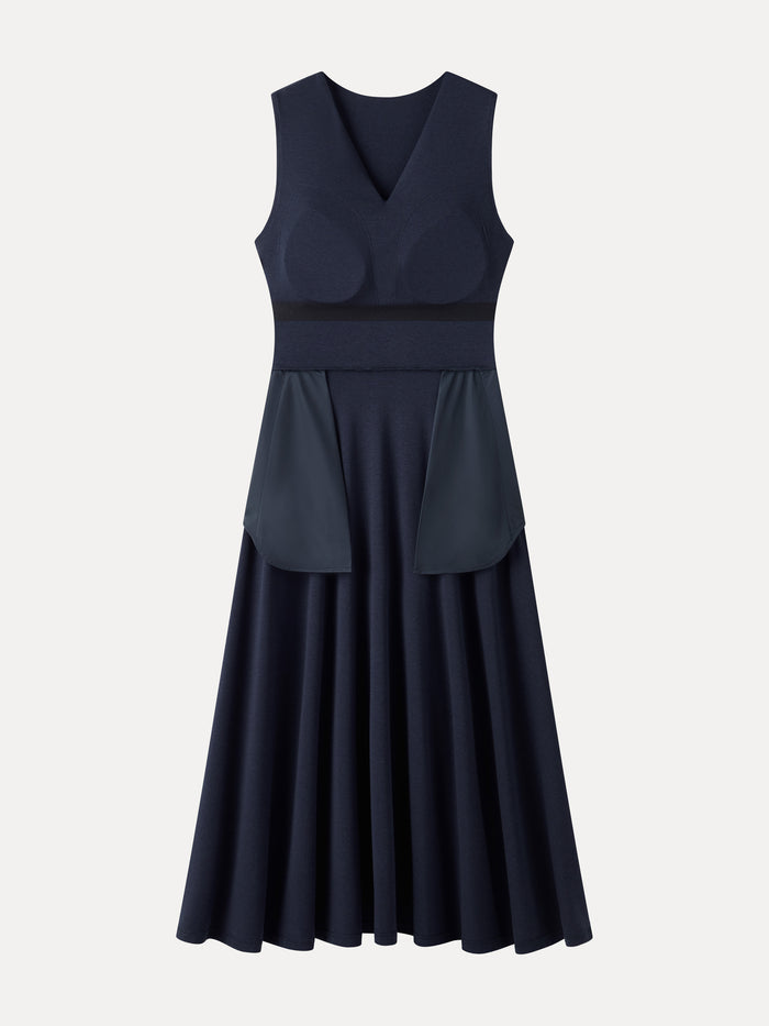 OGLmove Ribbed Collared V-Neck Sleeveless A-Line Midi Bra Dress with Pockets