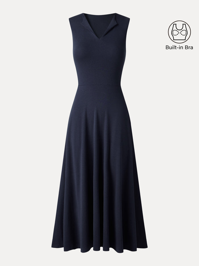 OGLmove Ribbed Collared V-Neck Sleeveless A-Line Midi Bra Dress with Pockets