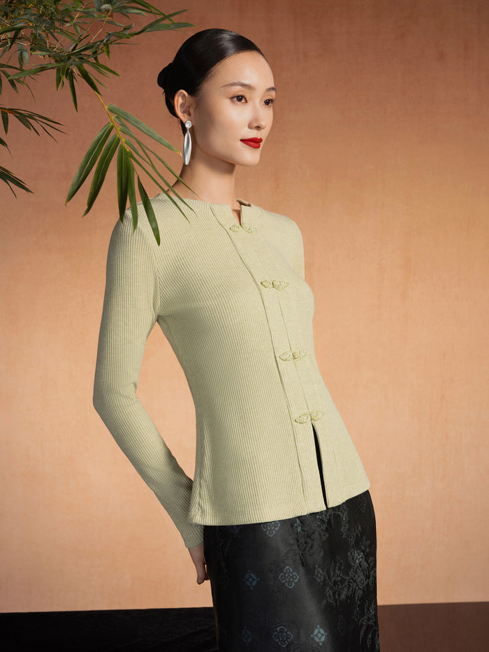 OGLmove Ribbed Frog Button Round Neck Long Sleeve Top Limited Edition Lime Ash XS