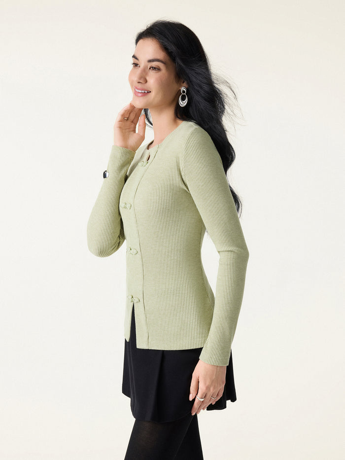 OGLmove Ribbed Frog Button Round Neck Long Sleeve Top Limited Edition