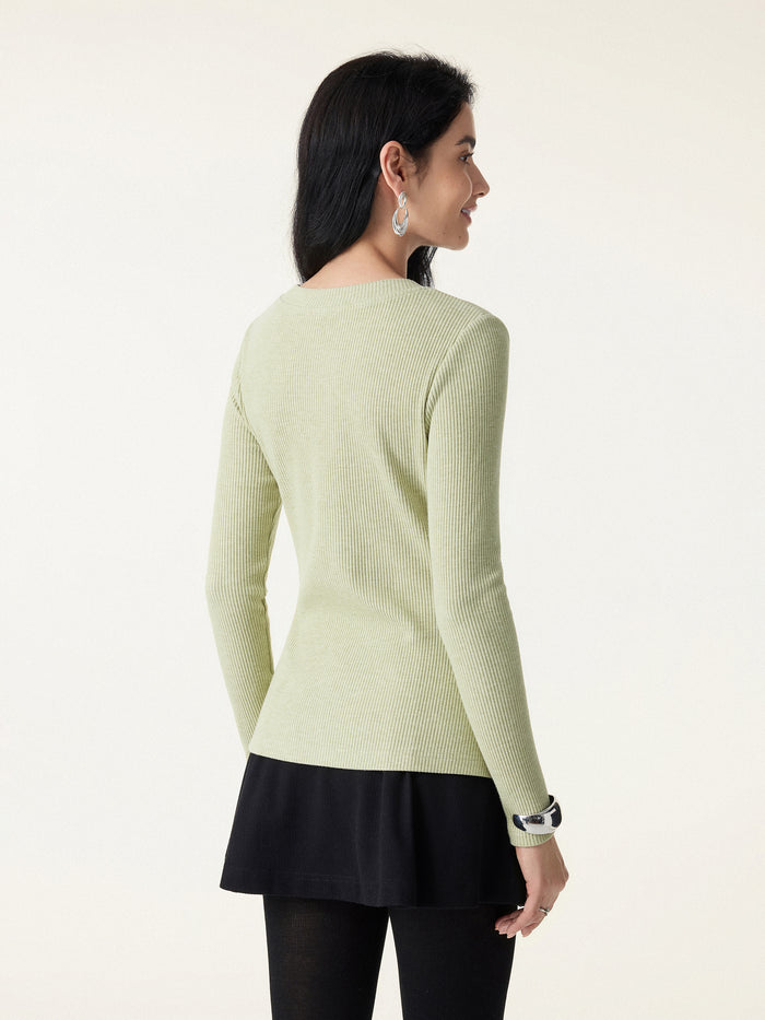 OGLmove Ribbed Frog Button Round Neck Long Sleeve Top Limited Edition