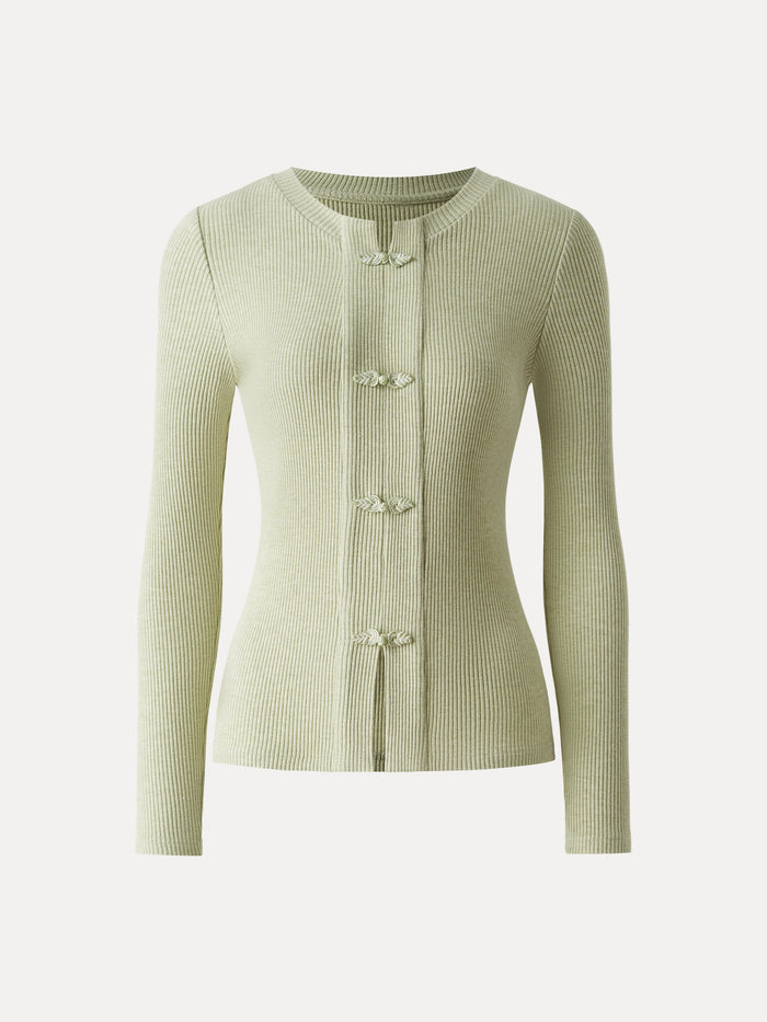 OGLmove Ribbed Frog Button Round Neck Long Sleeve Top Limited Edition
