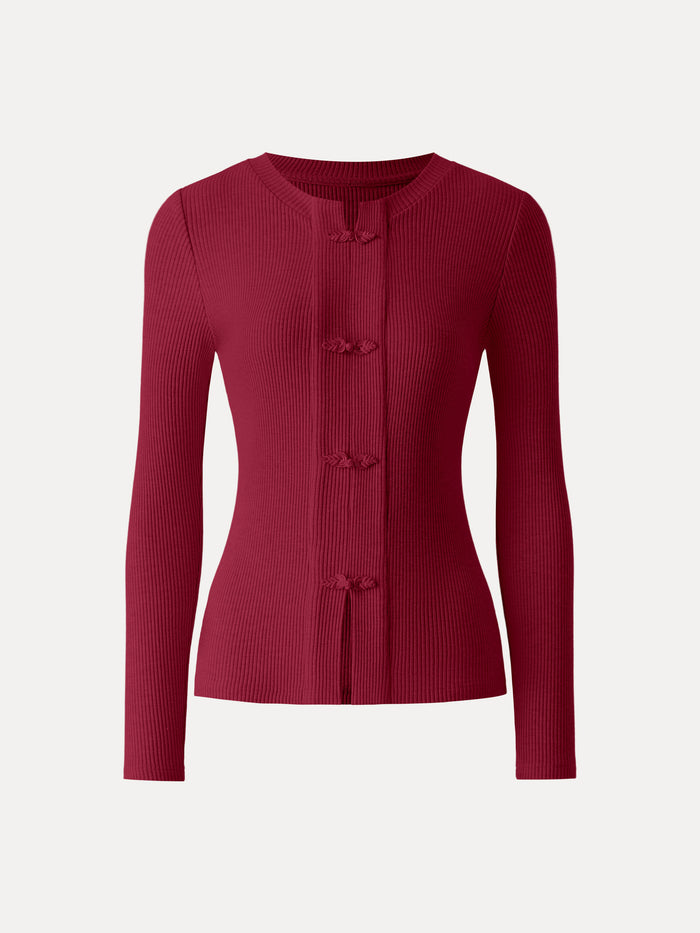 OGLmove Ribbed Frog Button Round Neck Long Sleeve Top Limited Edition Burgundy XS