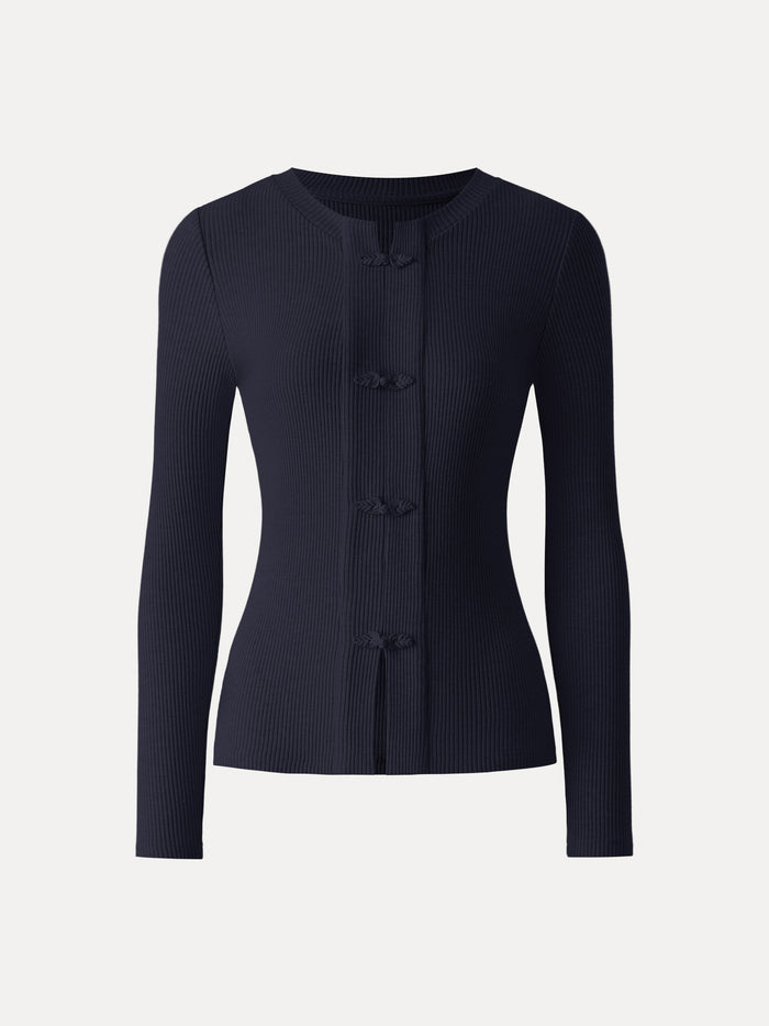 OGLmove Ribbed Frog Button Round Neck Long Sleeve Top Limited Edition Smoky Navy XS