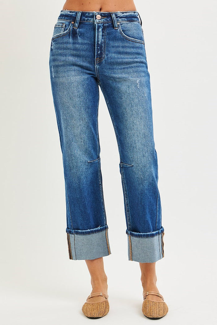 Risen Dark High Rise Straight Distressed Hem Jeans