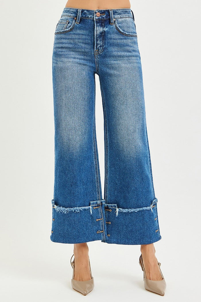 Risen High Rise Crop Wide Leg Cuff Button Detail Jeans