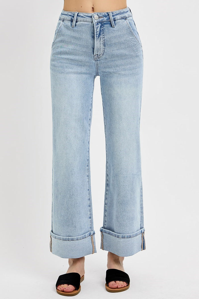Risen Light High-Rise Ankle Wide Cuffed Jeans
