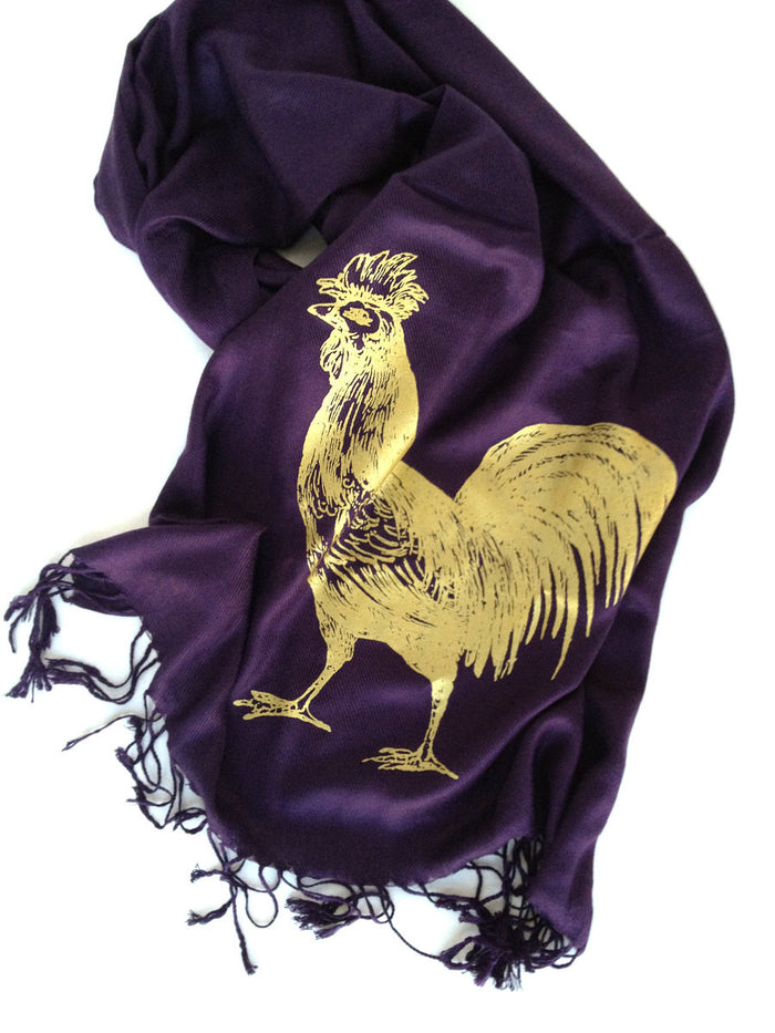 Gold ink on eggplant pashmina.