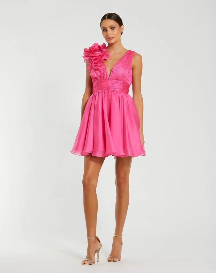 Pink Ruffle V Neck Fit & Flare Mini Dress - Ieena for Mac Duggal
