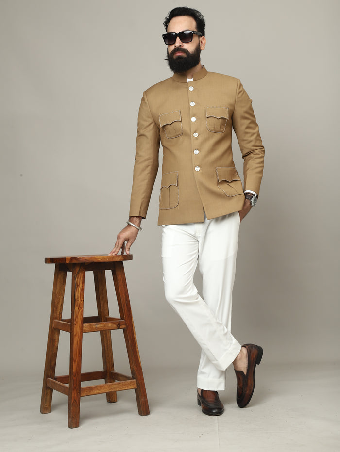 Sandstone Camel 4 Pocket Hunting Bandhgala with Pocket Detailing