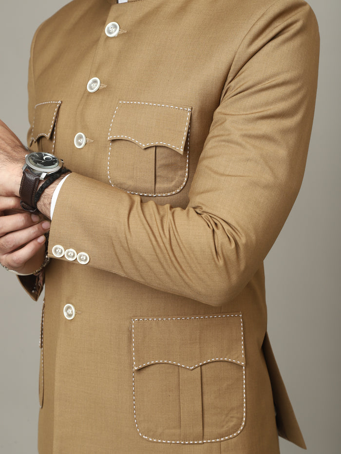 Sandstone Camel 4 Pocket Hunting Bandhgala with Pocket Detailing