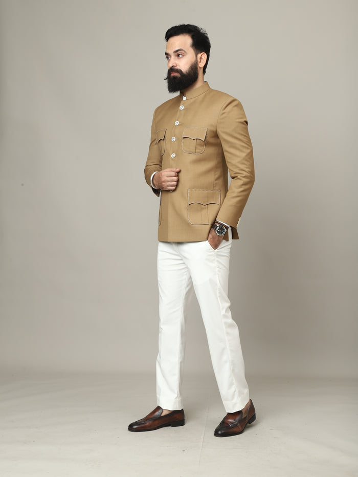 Sandstone Camel 4 Pocket Hunting Bandhgala with Pocket Detailing