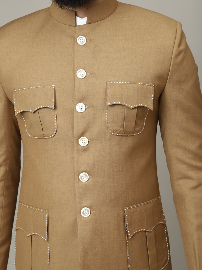 Sandstone Camel 4 Pocket Hunting Bandhgala with Pocket Detailing