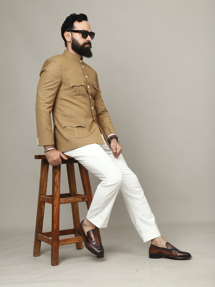 Sandstone Camel 4 Pocket Hunting Bandhgala with Pocket Detailing