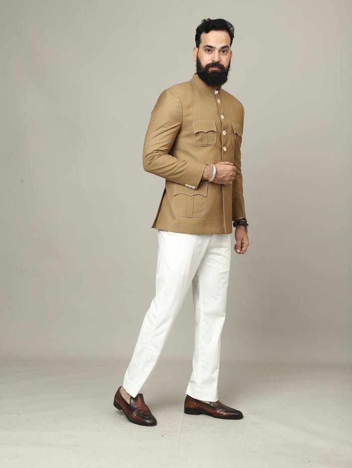 Sandstone Camel 4 Pocket Hunting Bandhgala with Pocket Detailing