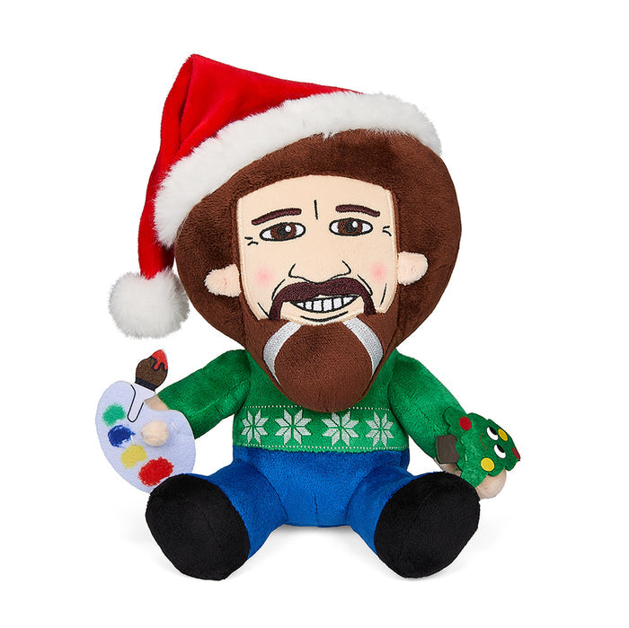 Soft Santa Bob Ross Phunny plush by Bob Ross, featuring a festive Santa outfit and a cheerful expression, 7.5 inches tall.
