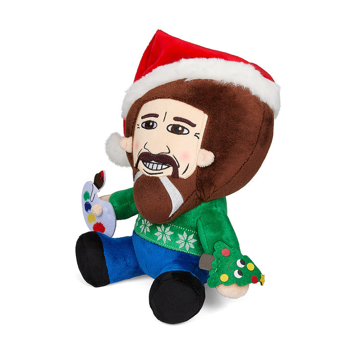 Soft Santa Bob Ross Phunny Plush toy by Kidrobot, featuring a festive Santa hat and cheerful expression, 7.5 inches tall.