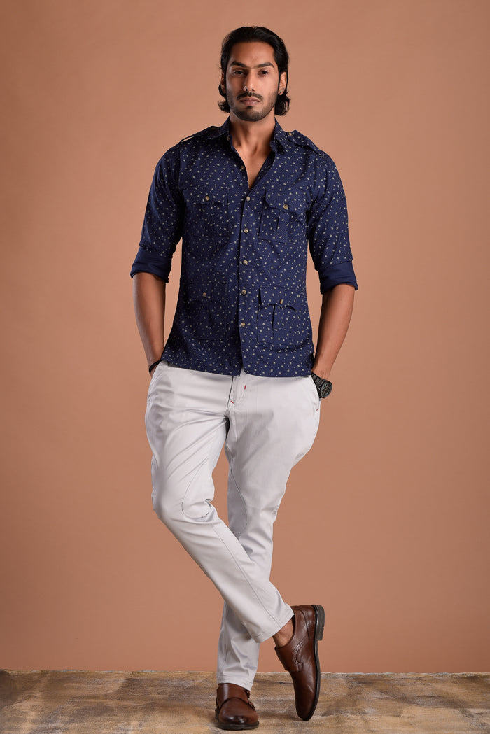 Sapphire Blue Hunting Style Cotton printed Shirt