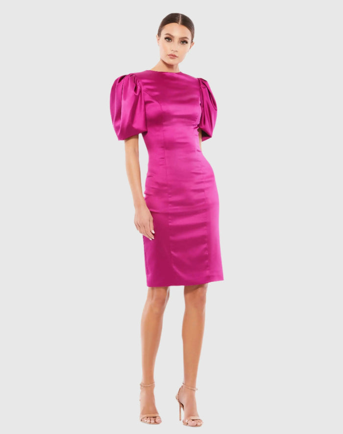 Pink Satin Puff Sleeve Fitted Mini Dress - Ieena for Mac Duggal