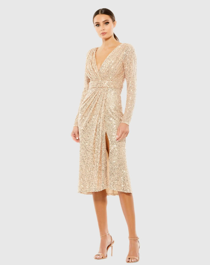 Pink Sequined Long Sleeve Midi Dress - Ieena for Mac Duggal