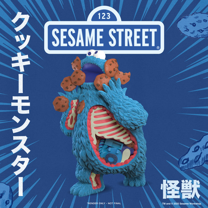 Flocked vinyl art figure of Cookie Monster from Sesame Street in Kaiju Anatomy design, 8-inch tall, detailed and colorful.
