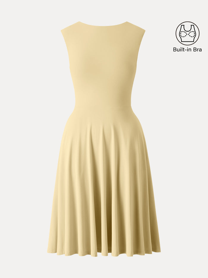 OGLmove SkinKiss Boatneck Wide Shoulder Bra Dress with Pockets Butter Yellow XS