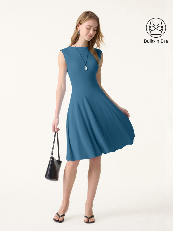 OGLmove SkinKiss Boatneck Wide Shoulder Bra Dress with Pockets Dark Marine XS