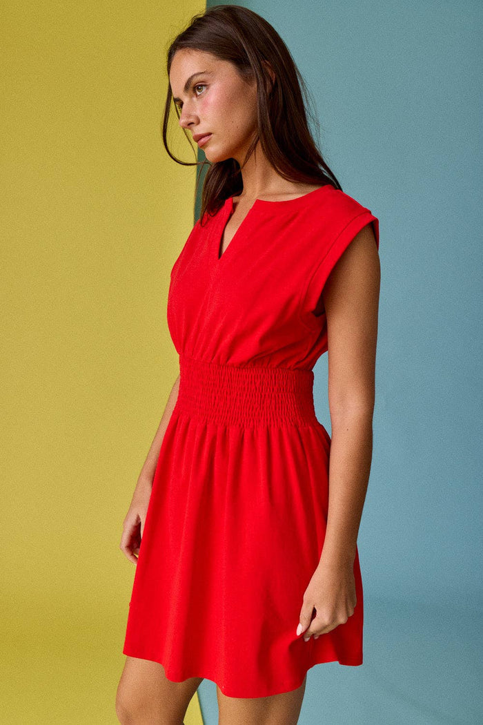 Smocked Waist Sculpted Shoulder Mini Dress