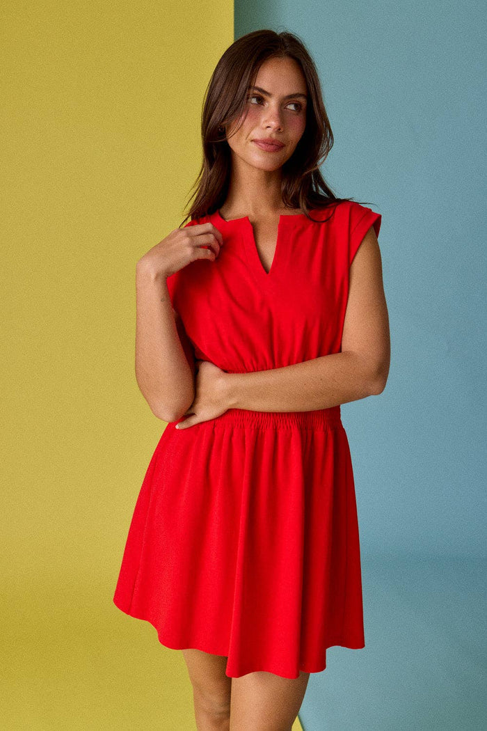 Smocked Waist Sculpted Shoulder Mini Dress