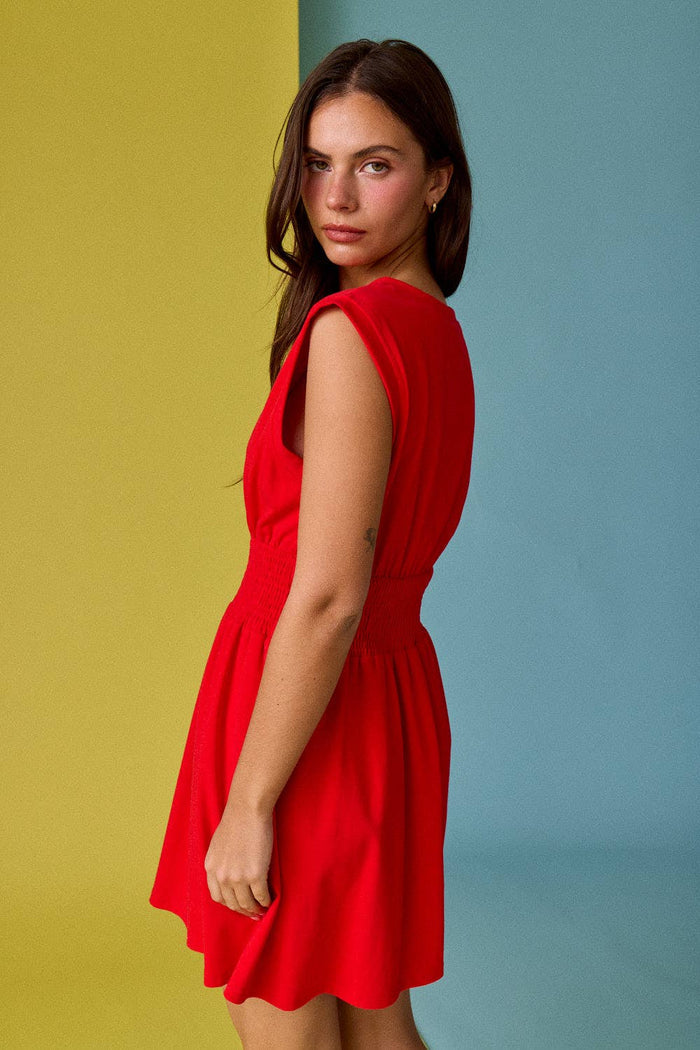 Smocked Waist Sculpted Shoulder Mini Dress