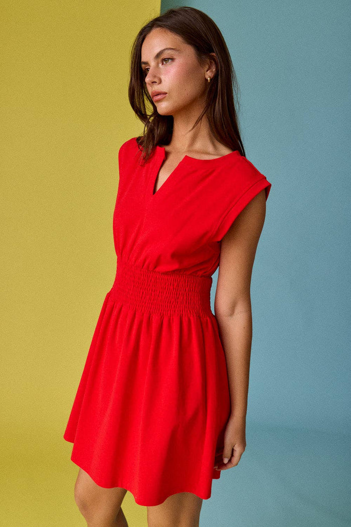 Smocked Waist Sculpted Shoulder Mini Dress