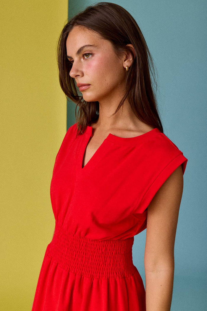 Smocked Waist Sculpted Shoulder Mini Dress