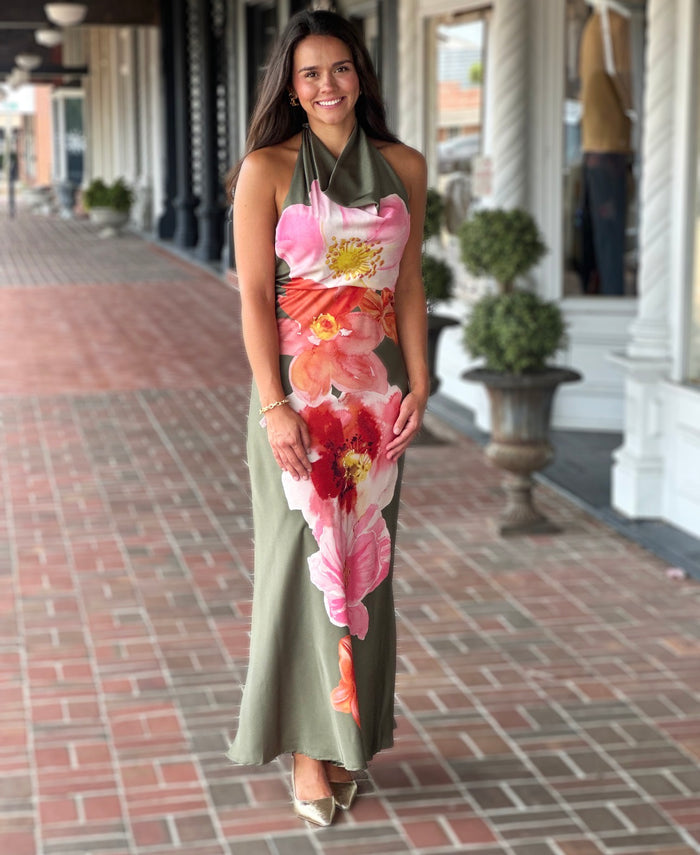 So Glad I Did Olive Green Floral Maxi Dress
