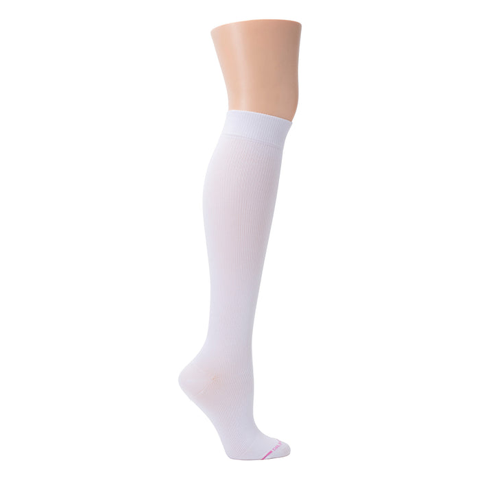 Knee-high white compression sock made of solid microfiber nylon with a ribbed texture.