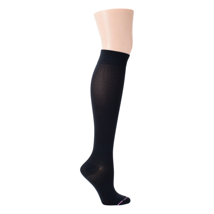 Knee-high black compression sock with a ribbed texture and a solid design.