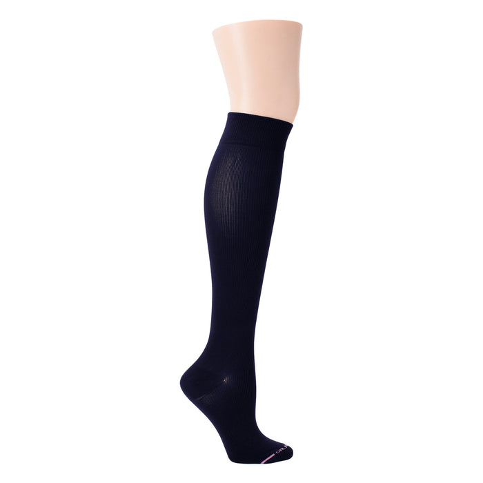 Knee-high compression socks in solid navy blue, made from microfiber nylon with a ribbed texture.