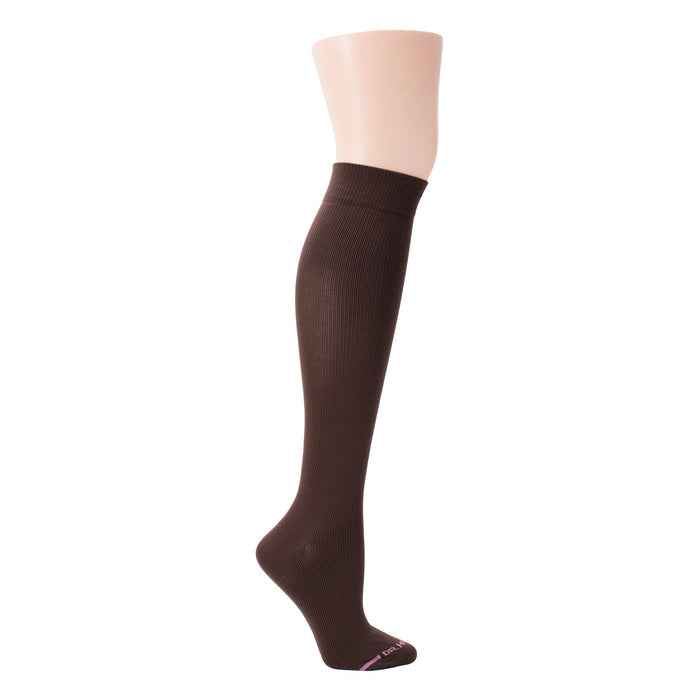 Knee-high compression sock in solid brown color, made from microfiber nylon with ribbed texture.