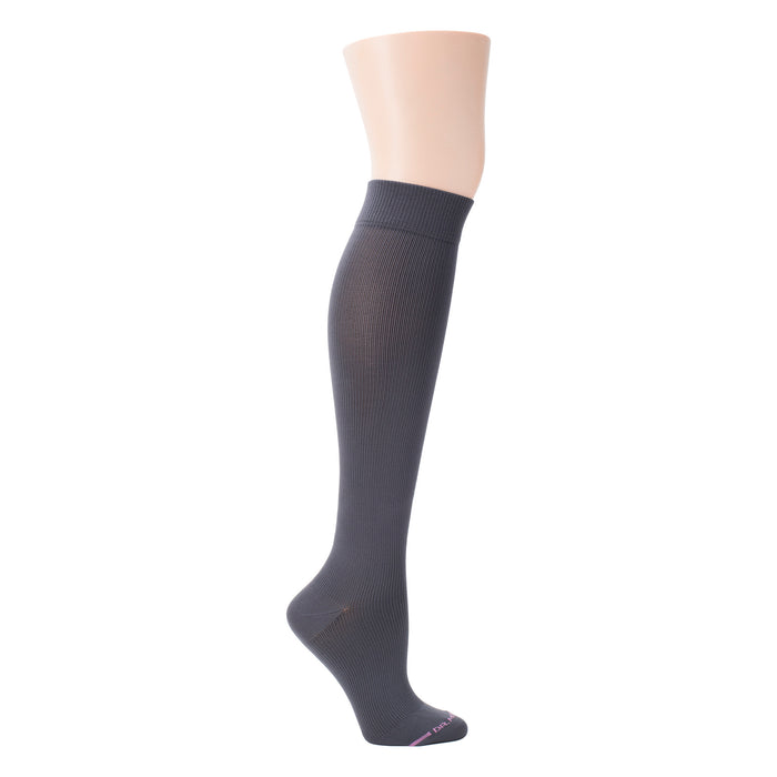 Knee-high compression socks in solid dark gray, featuring a ribbed texture and a reinforced toe.
