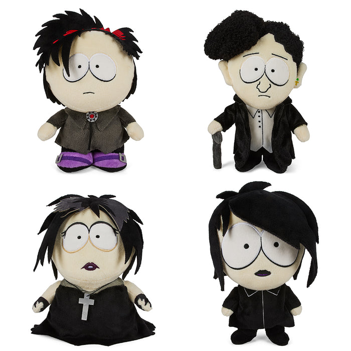 South Park Goth Kids 8-inch Phunny plush bundle by Kidrobot featuring four goth-themed plush toys in a colorful group display