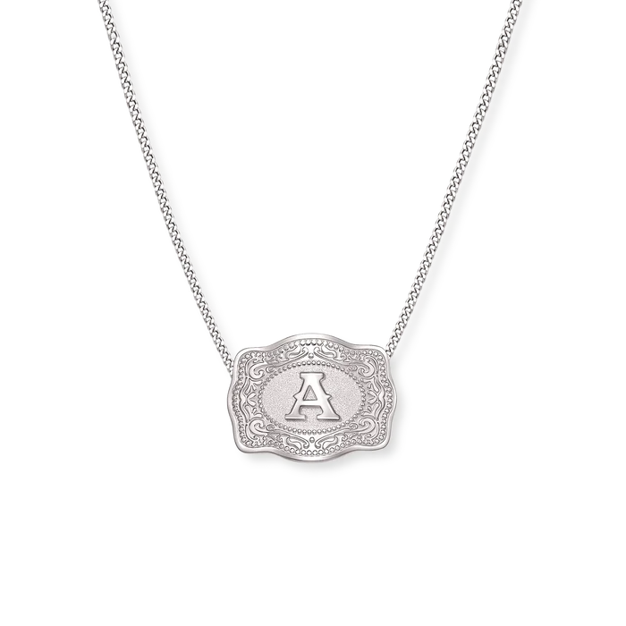 SpurWest Belt Buckle Intial Necklace- Silver Curb Chain
