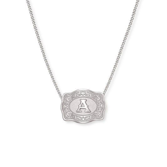SpurWest Belt Buckle Intial Necklace- Silver Curb Chain