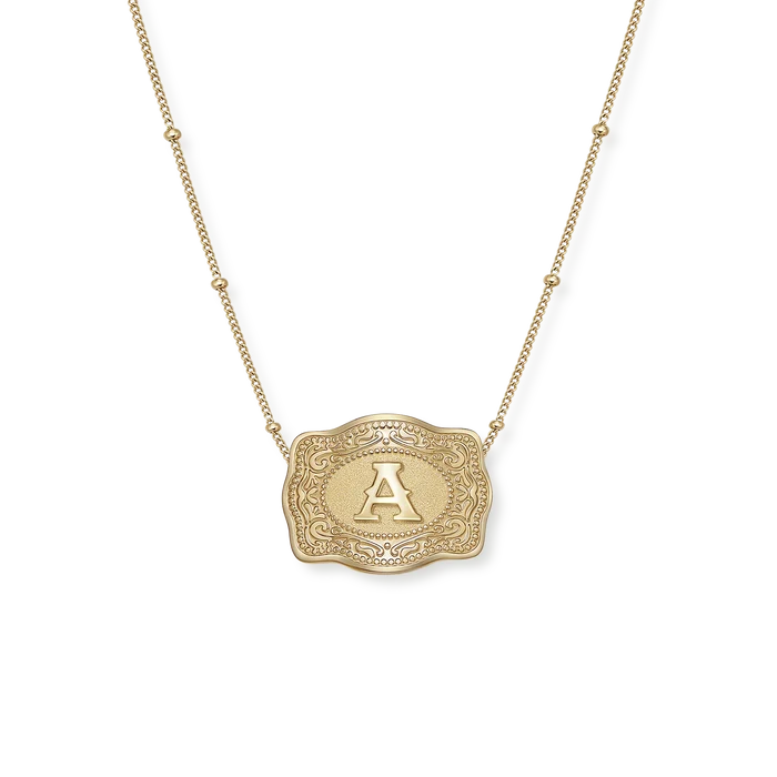 SpurWest Initial Belt Buckle Necklace- Gold Curb Chain