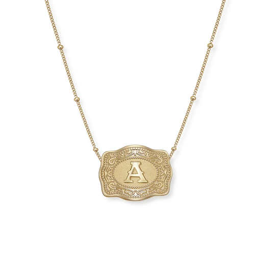 SpurWest Initial Belt Buckle Necklace- Gold Curb Chain