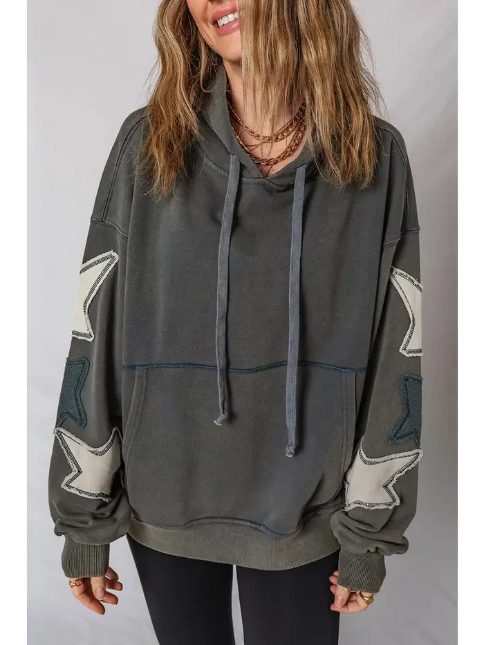 Star Patchwork Contrast Stitching Pocket Vintage Hoodie