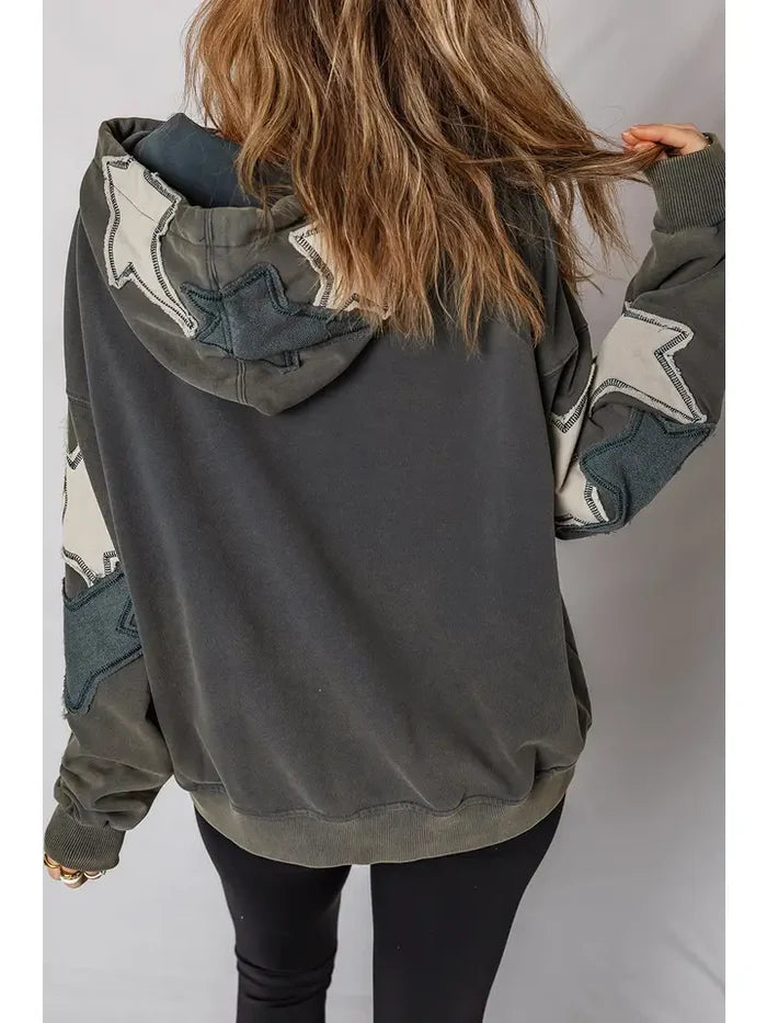 Star Patchwork Contrast Stitching Pocket Vintage Hoodie