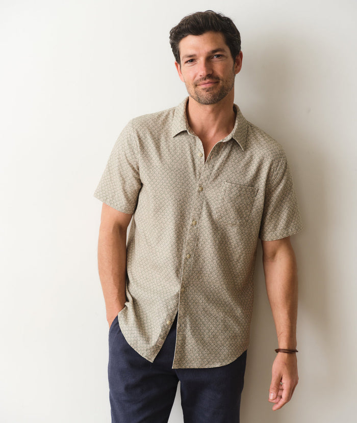 Stretch Selvage Short Sleeve Shirt - Sage Shell Print