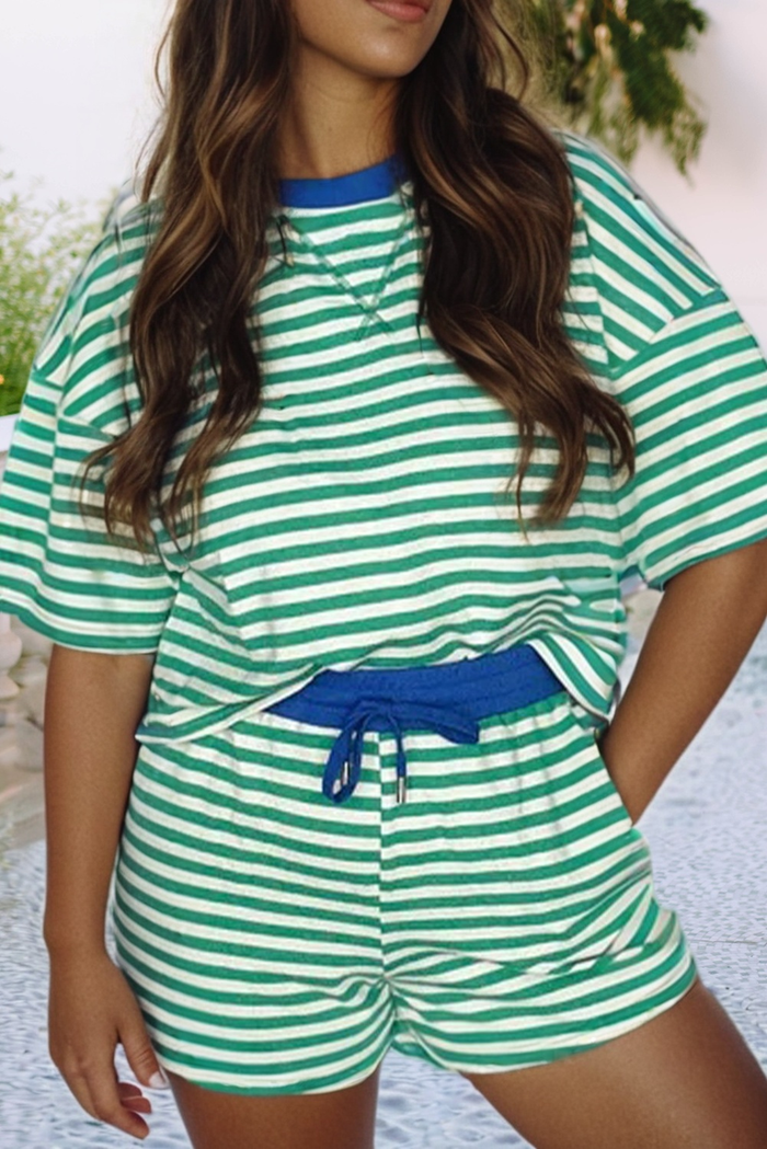 Striped Short Sleeve Two Piece Set: Green Stripe