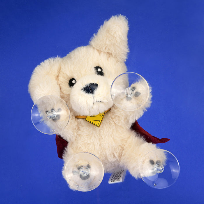 Supergirl Krypto plush window clinger featuring Supergirl logo and vibrant design, perfect for decorating windows.