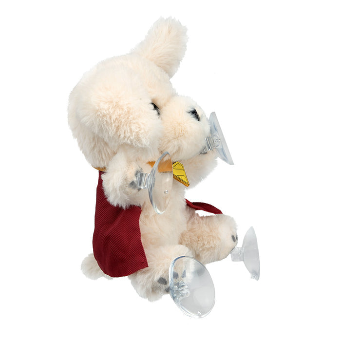 Supergirl Krypto plush window clinger featuring Supergirl logo and vibrant colors, designed for decorating windows.